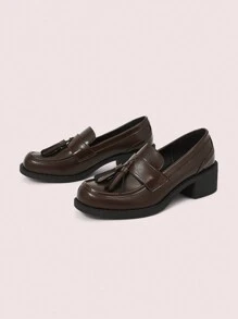 CUCCOO DOLLMOD Sepatu Loafer Wanita Ujung Bulat Hak Tebal Motif Bunga Cokelat Bahan PU Cokelat Kasual untuk Pesta Sehari-hari - Coklat - View 9