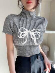 DAZY 女士蝴蝶结装饰立领短袖针织套头衫 - 灰色 - 查看 3