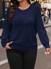 SHEIN LUNE Plus Size Women Gray Pullover Rhinestone Embellished Long Sleeve Sweater, Holiday Outfits, Autumn