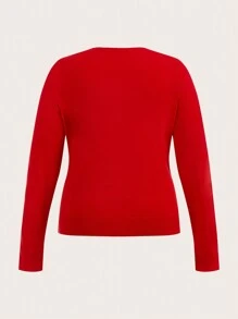 SHEIN BASICS 秋冬大码纯色长袖休闲针织红色开衫 - 紅色 - 查看 2