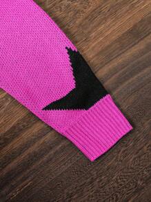 时尚潮流超大号灰色和黑色圆领长袖星星图案毛衣，适合少女 - 中紫紅色 - 查看 5