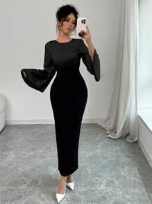 Elenzga Loose Round Neck Flared Long Sleeve Two-Tone Patchwork Elegant Black Dress - Black - View 1