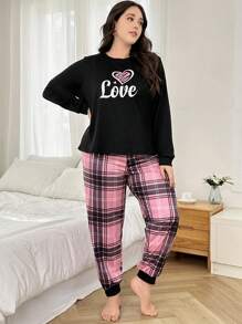 Slumberry CURVE Bộ đồ ngủ tay dài họa tiết trái tim và chữ cỡ lớn kèm quần kẻ caro, trang phục ấm cúng và thanh lịch, quần áo thu đông - Nhiều màu - Xem 5