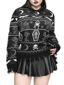 ROMWE Goth Plus Size Women Gothic Spider & Bat Pattern Loose Knit Sweater, Christmas, For Winter