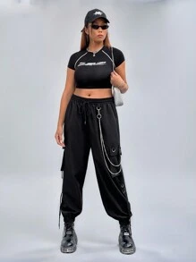Coolane Plus Size Fashion Pocket Chain Decor Cargo Pants - Black - View 3