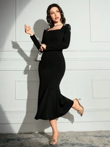 Modelyn Women's Rhinestone Decor Square Neck Long Sleeve Mermaid Hem Fitted Elegant Dress Long Evening Dresses - Black - View 4