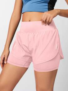 SHEIN Sports 纯色高腰二合一运动短裤毛衣短裤 - 粉色 - 查看 6