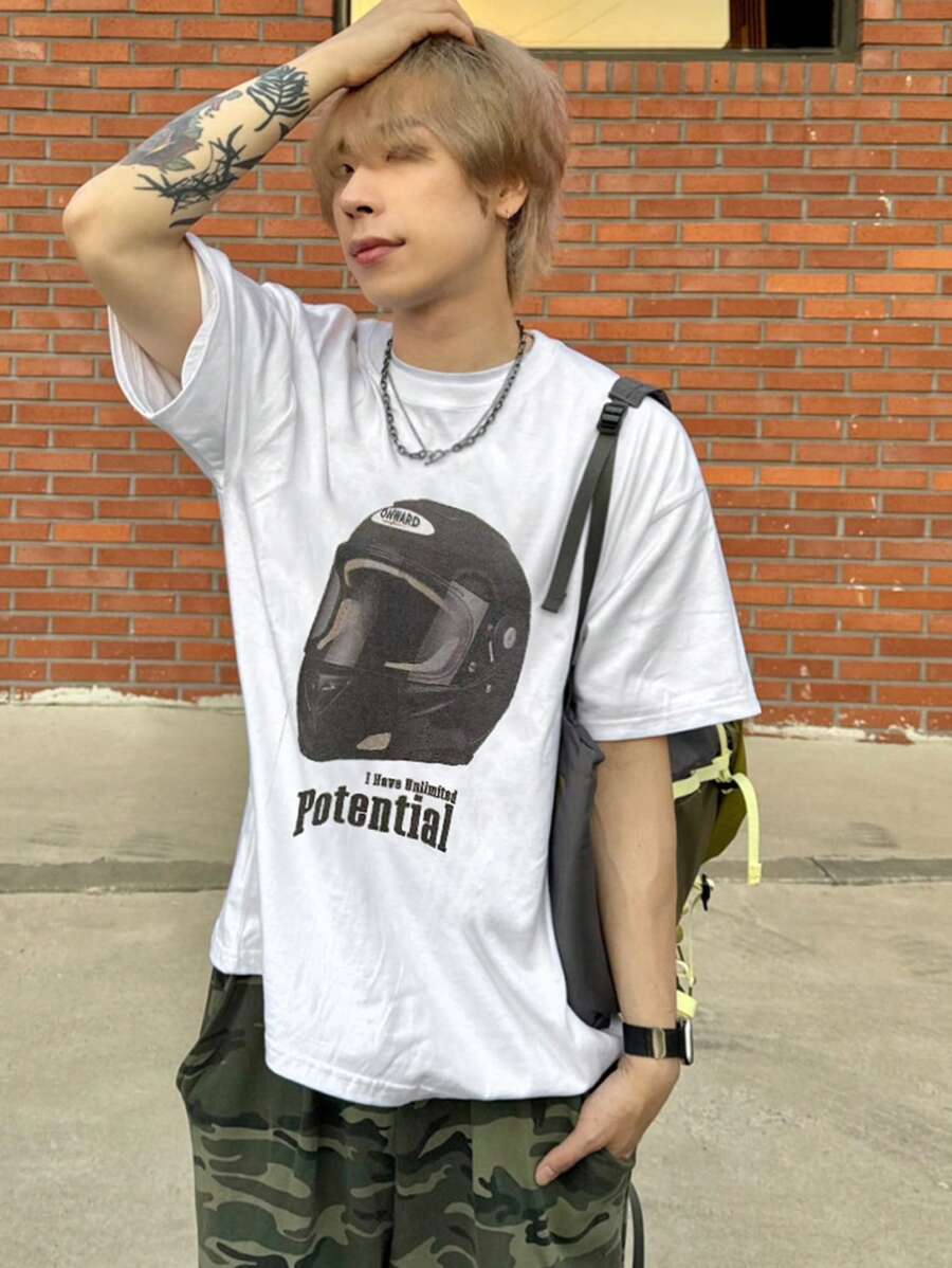 DAZY 男式抽象图案与图形字母印花街头风格 T 恤 - 白色 - 查看 1