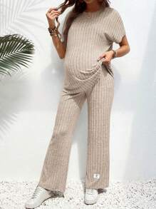 SHEIN 2pcs Maternity Short Sleeve Solid Color Top And Pants Set - Beige - View 6