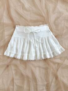 Soleia Romantischer Urlaubs-A-Linien Minirock für Frauen mit Spitzen-Kontrastvolant-Saum, geeignet für Nachmittagstee, Valentinstag-Date