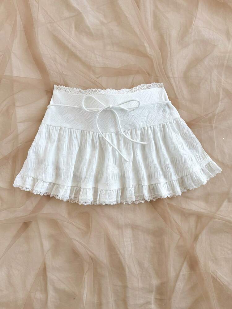 Romantic Vacation Lace Contrast Ruffle Hem A-Line Women Mini Skirt, Suitable For Afternoon Tea, Valentine's Date