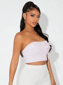 SHEIN SXY 毛绒蝴蝶结缎带抹胸上衣（粉色），秋冬款 - 粉色 - 查看 6