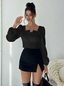 Firerie Symmetric Gathered Neck Design Long Sleeve Shirt - Black - View 3