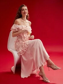 MOTF PREMIUM RUFFLE TRIM OFF SHOULDER DRESS,VALENTINE'S DAY OUTFIT,SPRING/SUMMER - Pink - View 4