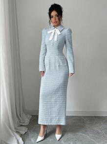 Modelyn 女士优雅纹理粉色粗花呢仿珍珠纽扣长袖连衣裙，秋冬季长款晚礼服