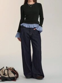 FRIFUL 女士休闲圆领插肩袖格子喇叭袖口 T 恤，秋季长袖女上衣 - 黑色 - 查看 5