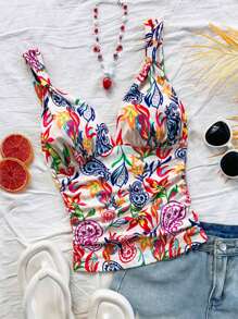 Soleia 1 件女士彩色佩斯利印花褶饰短款吊带背心，适合度假、新年、女士上衣、短款上衣、新年上衣、西方女士、派对女士、圣诞节女士上衣、节日、假日上衣、外出