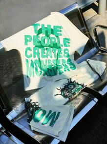 PAVTROS 男士青春街头INS热卖绿色大眼人物超大图案字母双面印花宽松长裤短袖立领T恤套装。男士两件套服装，说唱歌手服装 - 彩色 - 查看 5