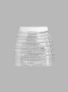 EgrlEra Bộ 2 món: Áo hở lưng hở lưng đính sequin lấp lánh + Chân váy mini nhún bèo - Bạc - Xem 6