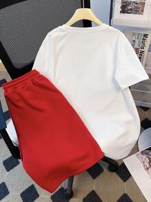 SHEIN 2pcs/Set Teen Boys Casual Comfortable Versatile Rose Flower Print Short Sleeve Top & Shorts Set - Red - View 2