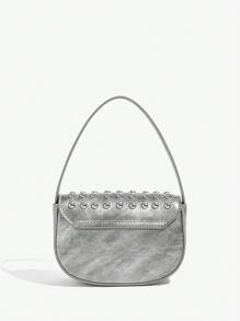 SHEIN ICON Bolso de hombro para damas y mujeres, bolso hobo, de moda, personalizado, simple, versátil, de calle, dulce y fresco para chicas, chicas calientes, Y2K, remaches, plateado, bolso de bolos, bolso Boston, Y3K, adolescentes