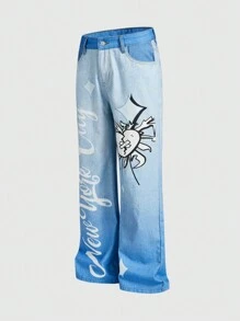 ROMWE MEN Street Life Herren Jeans mit Taschen, Buchstaben und Herz Grafik, weites Bein, lockere Baggy-Casual-Jeans - Blau - Übersicht 5