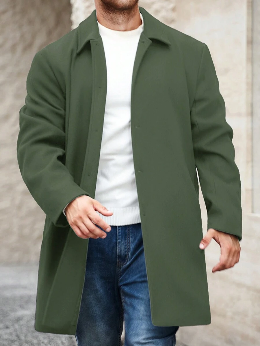 Manfinity Homme Men Plus Size Solid Color Casual Overcoat, Minimalist And Fashionable For Everyday Wear, Fall/Winter - Green - View 1
