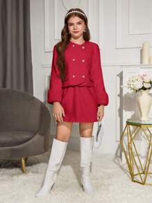 Conjunto de 2 piezas de niña preadolescente: top de manga larga de unicolor y mini falda, conjunto casual minimalista para uso diario