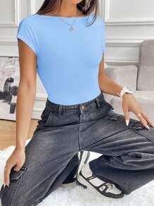 SHEIN EZwear Light Blue Knit Backless Bodysuit For Women - Baby Blue - View 4