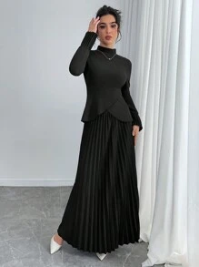 Chiquease Set de 2 piezas de top de manga larga y falda de unicolor para mujer