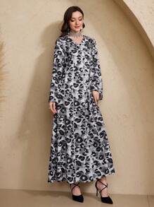 Al Najma Ditsy Floral Loose Long Sleeve Breathable Slim Dress, Spring 2025 New Arrival - Black and White - View 4