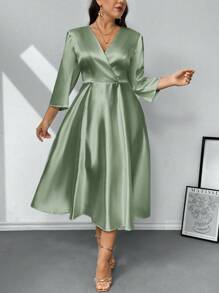 Firerie Plus Size Women Romantic Elegant Long Sleeve V-Neck A-Line Midi Dress, Suitable For Bridesmaid, Date, Party, Wedding, Loose Fit