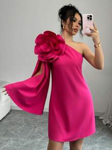 Elenzga 优雅 3D 花卉装饰单肩喇叭袖连衣裙