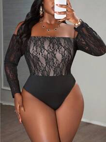Slaydiva Plus Size Women's Solid Color Long Sleeve Casual Off Shoulder Sexy Lace Bodysuit - Black - View 8