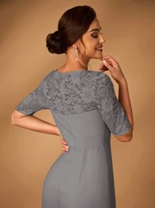 Serin Elegant And Graceful Mother Of The Bride Dress, Champagne Color Sequined Lace Patchwork Chiffon Fabric, Strapless, Round Neck, Middle Sleeve, Pleated Waist, Sequined Decoration, Ruffle Hem, Suitable For Weddings, Parties, Mother's Day Events - Dark Grey - View 3