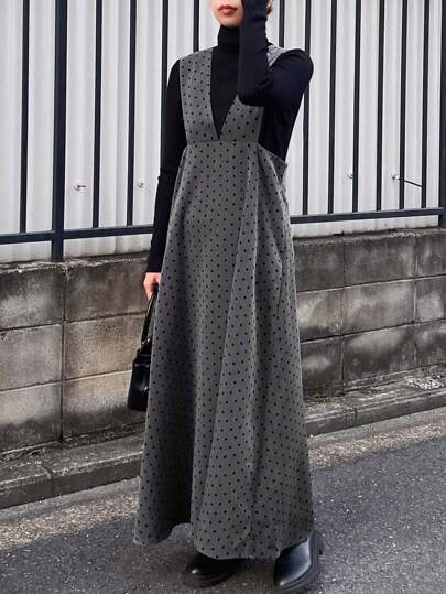 FRIFUL ポルカドット柄 ストラップ付き ロングドレス レディース