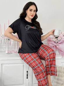 浪漫心形格子印花短袖和长裤睡衣套装，加大码
