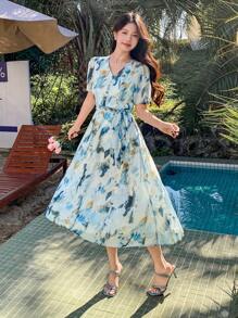 DAZY Women's Elegant Tie Dye Puffy Sleeve Mid-Length Dress Floral Summer