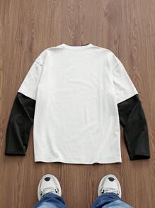 Manfinity Unisex 男士英文文字印花拼接宽松休闲日常针织长袖 T 恤 - 黑與白 - 查看 2