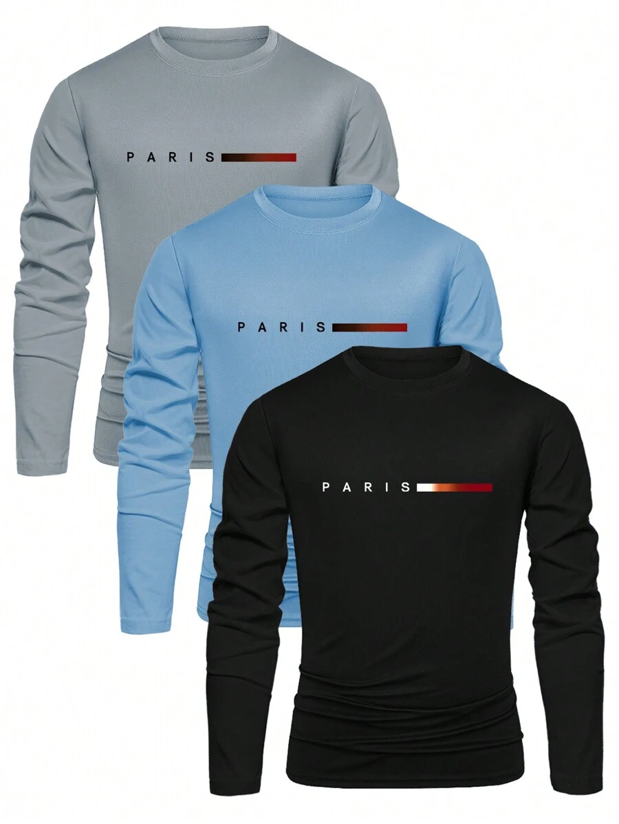 Manfinity Dauomo Men's Crew Neck Long Sleeve Letter Graphic Casual T-Shirt, Fall Clothes - Multicolor - View 1