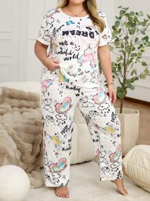 SHEIN Plus Size Women Letter Print Round Neck Short Sleeve T-Shirt And Pants Pajama Set - Multicolor - View 6