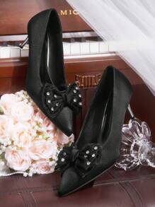 CUCCOO HITCHD 1 Pair Women's Fashion Elegant Black Rhinestone Bow Decor High Heel Dress Shoes, Suitable For New Year, Valentine's Day, Wedding, Party, Banquet, Dating, Holiday Spring Shoes Spring Break Easter Prom Heels
