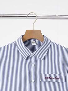 SHEIN 1 件青少年男孩休闲条纹印花宽松短袖衬衫，适合春夏季，青少年男孩春季返校服装 - 彩色 - 查看 4