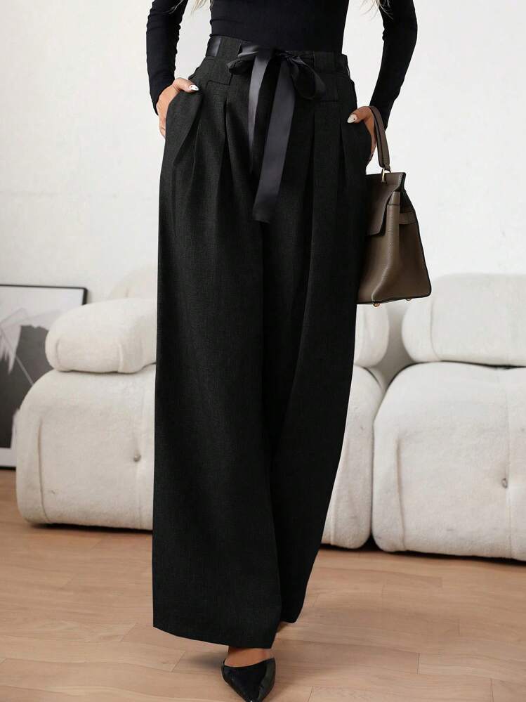 Rafferiza Casual Color Block Waist Belt Pleated Long Pants, Loose Fit Autumn/Winter Women Fall Cloth For Women - Black - View 1