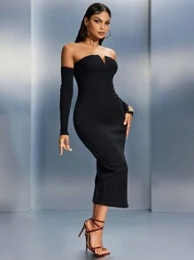 SHEIN SXY Fall Women Clothes; Black ; Holiday Party Dress; New Year's Eve Dress; New Year's Women Outfit; Shoulder Cutout Fitted Sexy Party / Date Night Black Long Sleeve Bodycon Dress