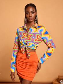 Abeille Creations Designer Boho Bohemian Women's Business Casual Vacation Multicolor Geometric Print Long Sleeve Shirt, For Going Out, Spring & Summer, Beach, Festival, Ibiza Fits, Office - Multicolor - View 5
