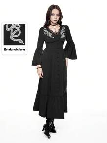 ROMWE Goth Vestido de mujer con cuello en V, con recorte de encaje en contraste, bordado de patrón de piel de serpiente y mangas acampanadas