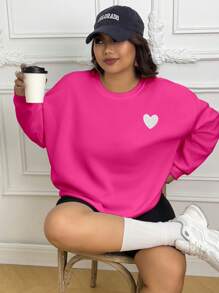 INAWLY Áo nỉ nữ cỡ lớn thêu hình trái tim, kiểu vai rớt, thích hợp cho lễ tốt nghiệp mùa đông, tựu trường, áo chui đầu cho giáo viên mùa thu. - Màu Hồng Tươi - Xem 3