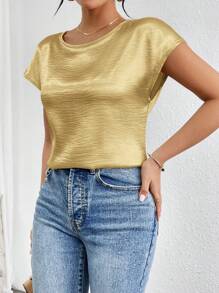 SHEIN Privé Women's Solid Color Batwing Sleeve Satin Blouse - Gold - View 6