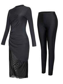 SHEIN Swim Mulvari 2 peças/conjunto feminino gola alta manga comprida top e calças praia férias burkini roupa verão roupa árabe